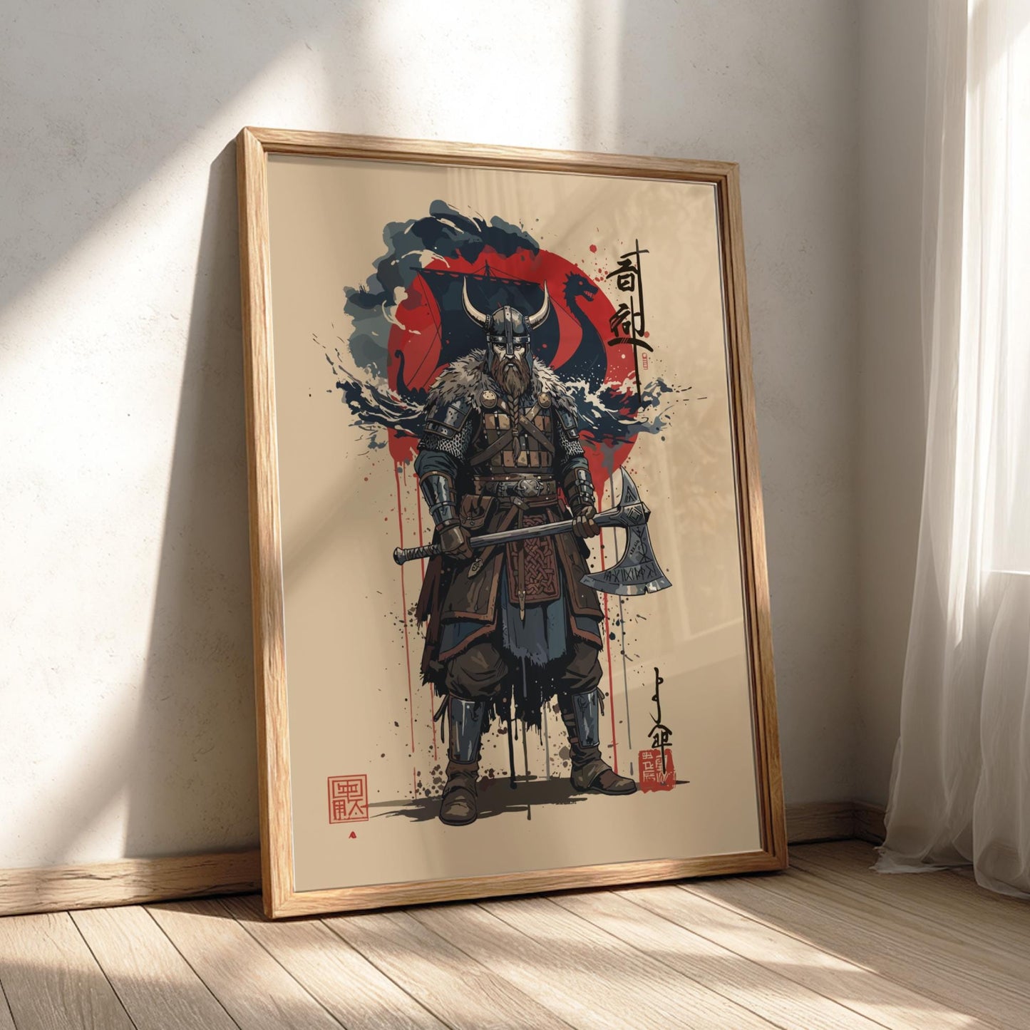 Viking Warrior Japanese Ink Art Print, Sumi-e Rising Sun Poster, Mixed Media Wall Decor
