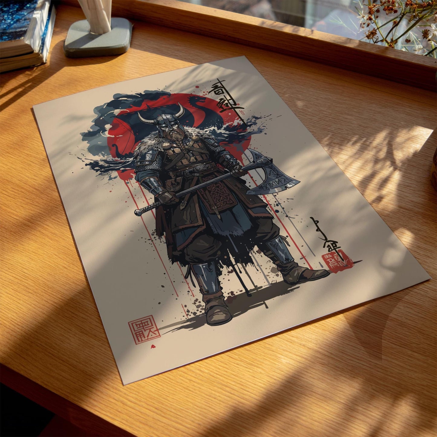 Viking Warrior Japanese Ink Art Print, Sumi-e Rising Sun Poster, Mixed Media Wall Decor