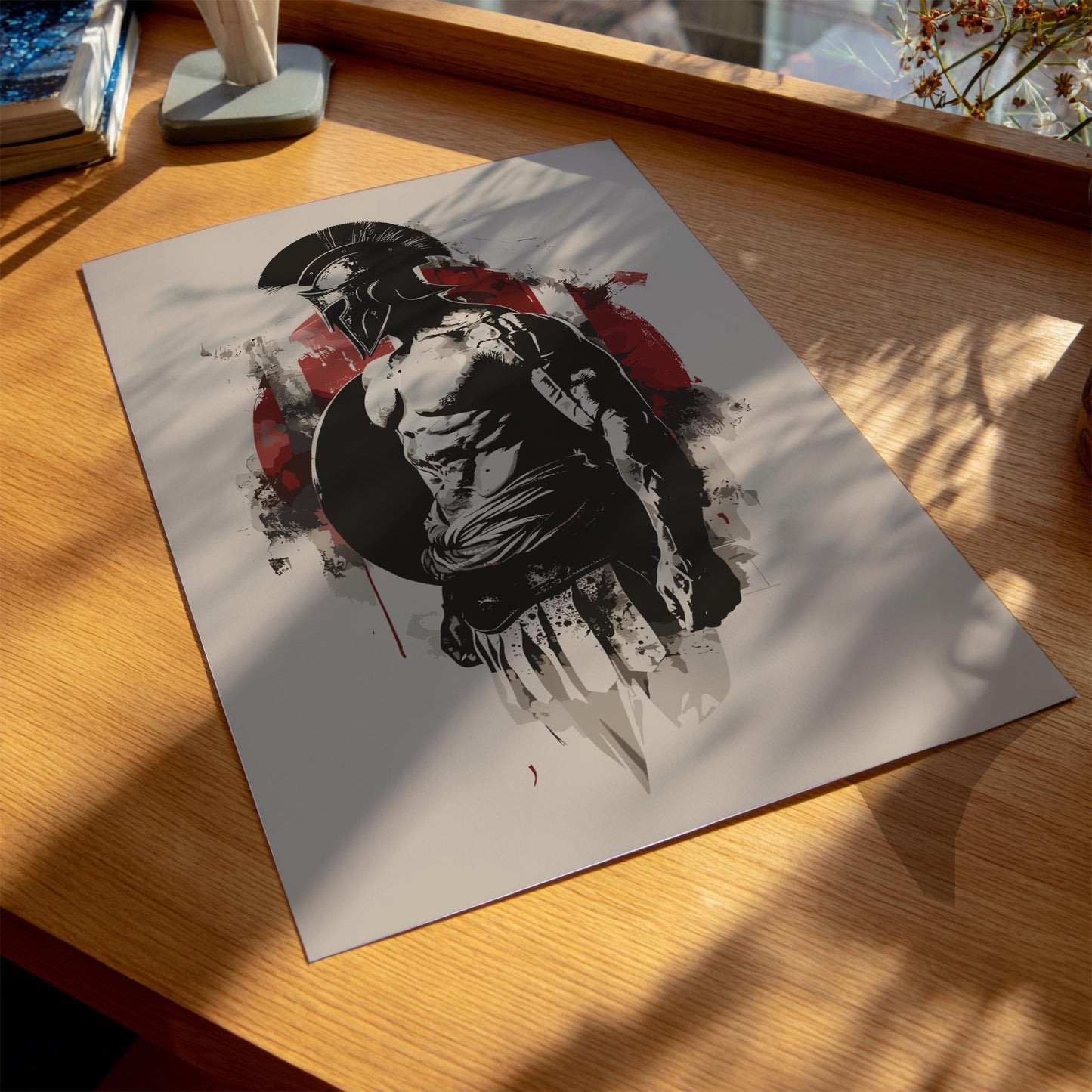 Spartan Warrior Japanese Ink Art Print, Sumi-e Rising Sun Poster, Mixed Media Wall Decor