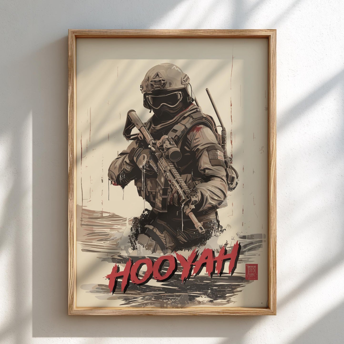 Navy SEAL Japanese Ink Art Print, Sumi-e Rising Sun Poster, Mixed Media Warrior Decor
