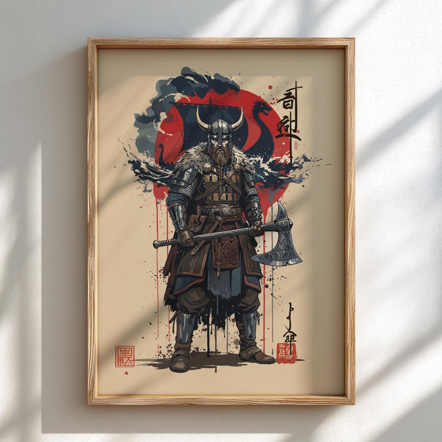 Viking Warrior Japanese Ink Art Print, Sumi-e Rising Sun Poster, Mixed Media Wall Decor