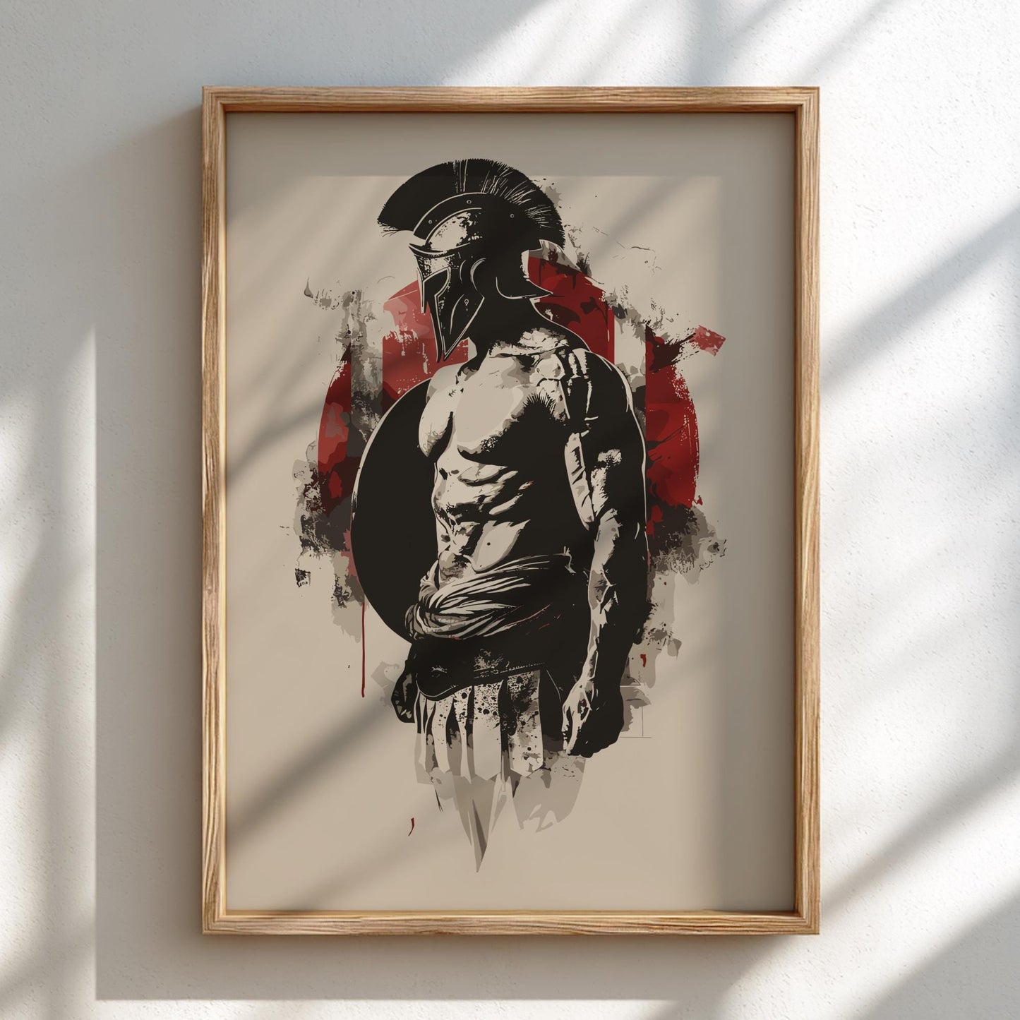 Spartan Warrior Japanese Ink Art Print, Sumi-e Rising Sun Poster, Mixed Media Wall Decor