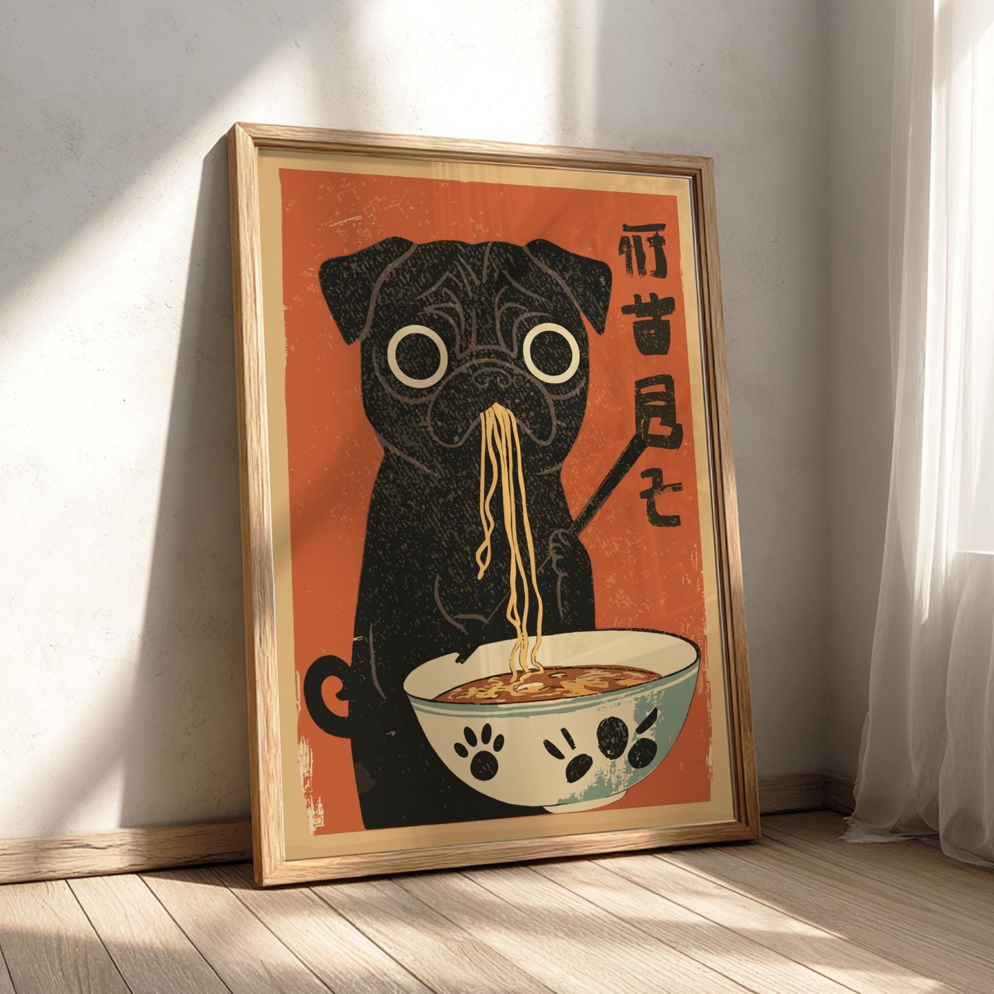 Hungry Black Pug Ramen Poster: Japanese Food Art Print - Dog poster