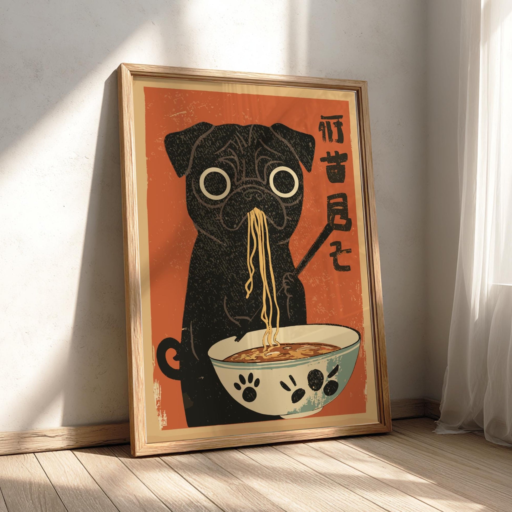 Hungry Black Pug Ramen Poster: Japanese Food Art Print - Dog poster
