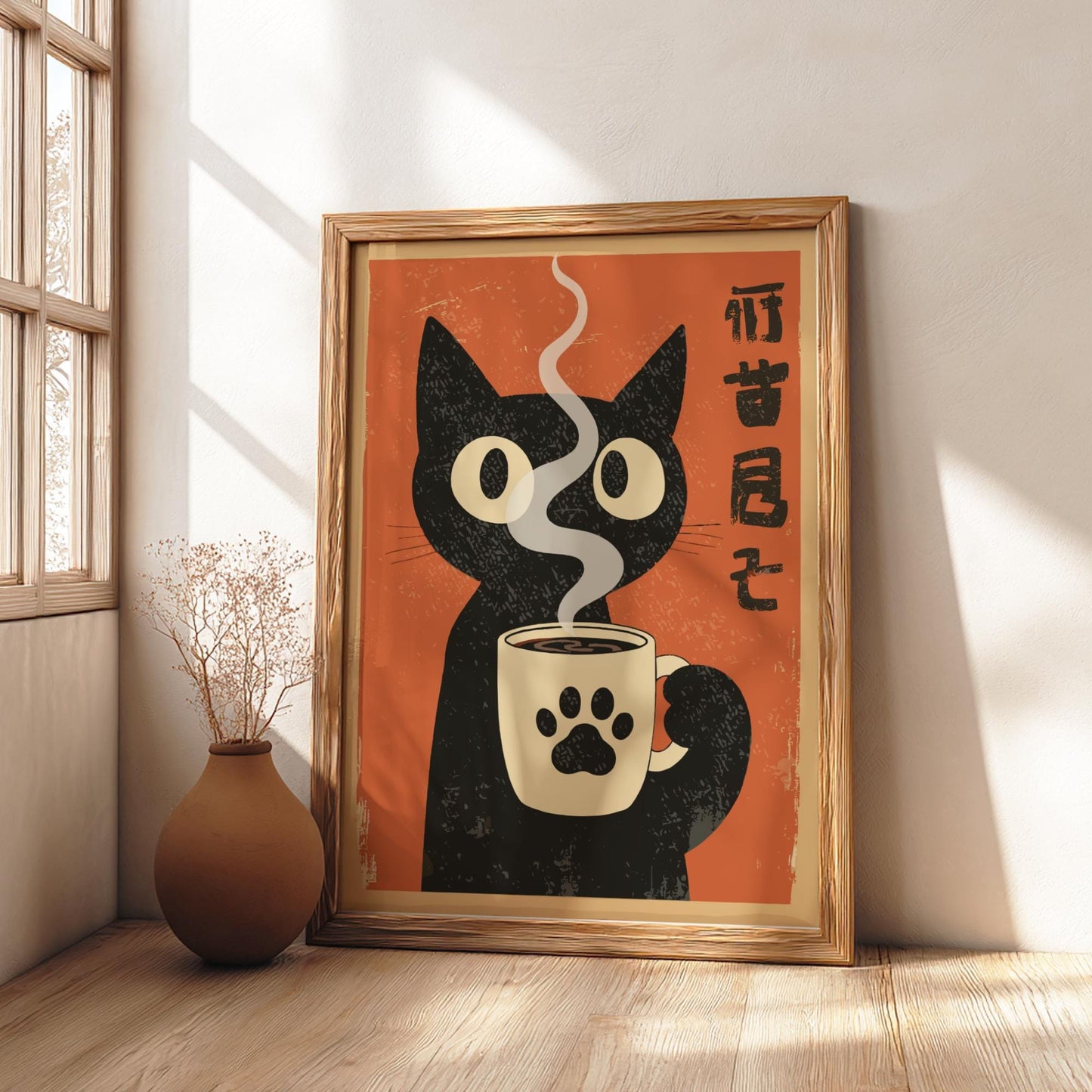 Black Cat Drinking Coffee Poster: Japanese Coffee Art Print
