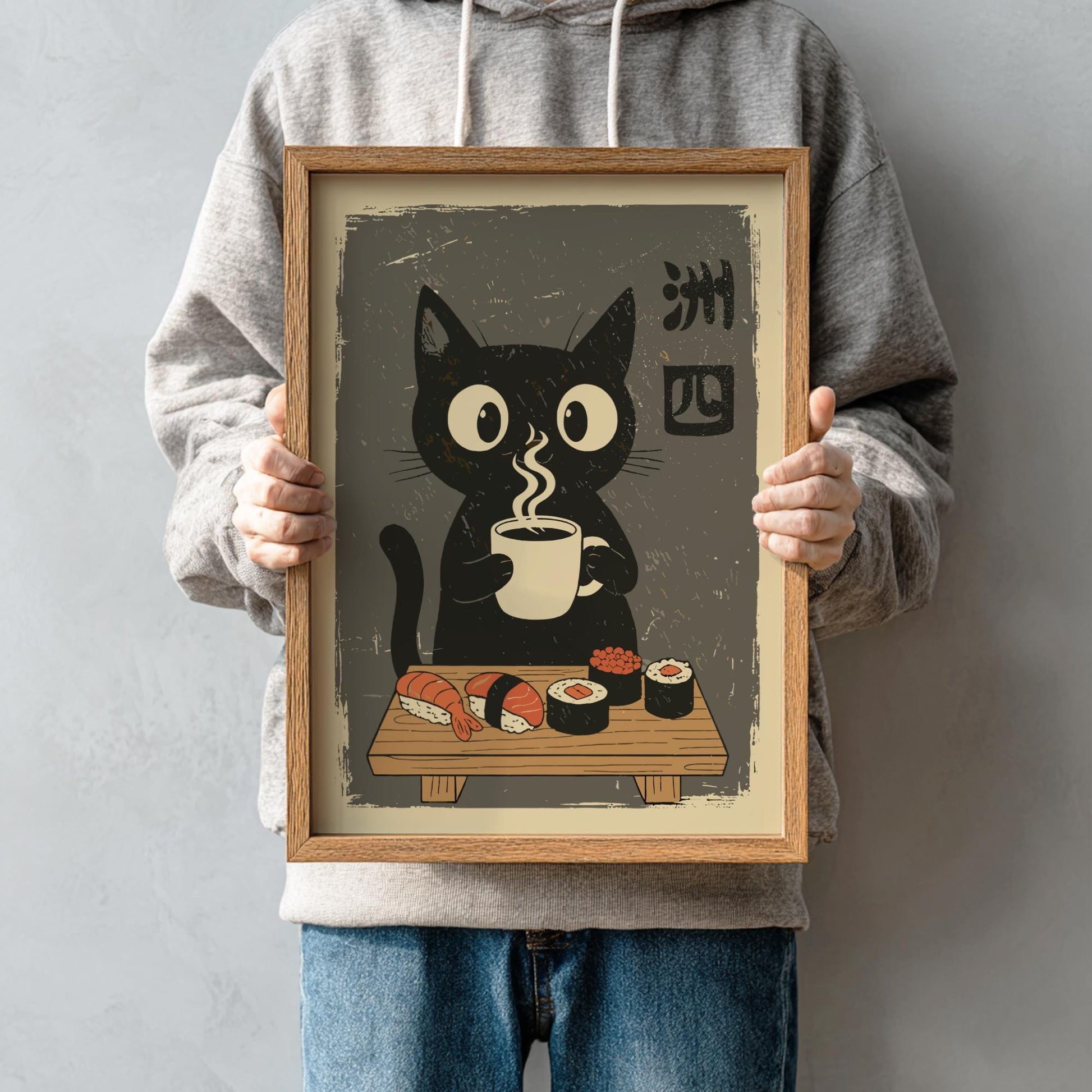 Japanese Ukiyo-e Black Cat Poster, Sushi Cat Art Print
