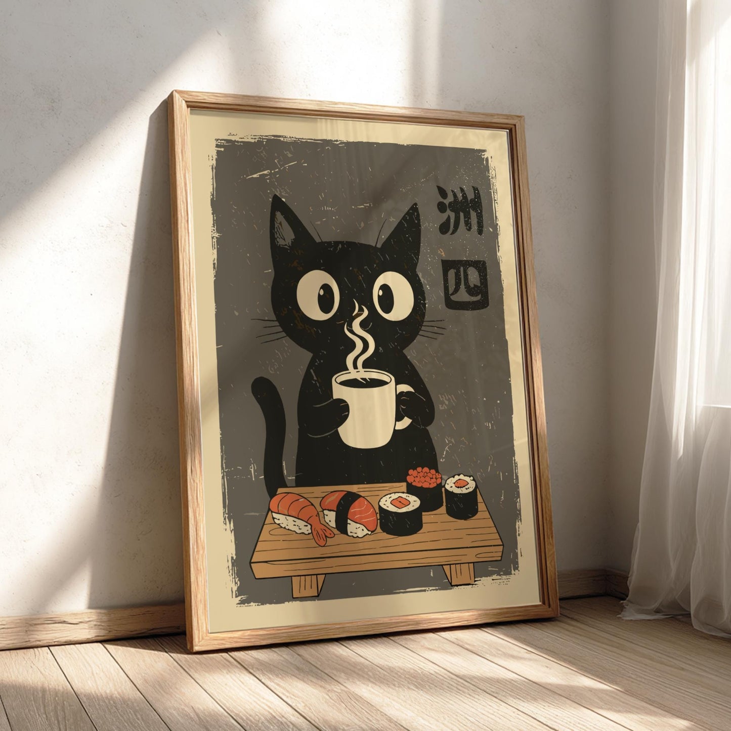 Japanese Ukiyo-e Black Cat Poster, Sushi Cat Art Print