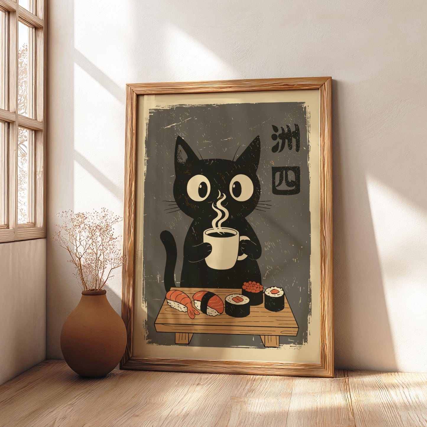 Japanese Ukiyo-e Black Cat Poster, Sushi Cat Art Print