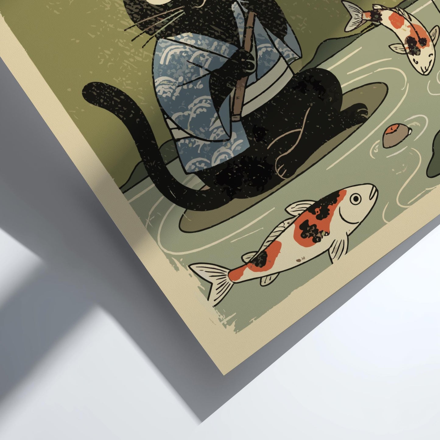 Cat Fishing Koi Print, Japanese Woodblock Style Poster