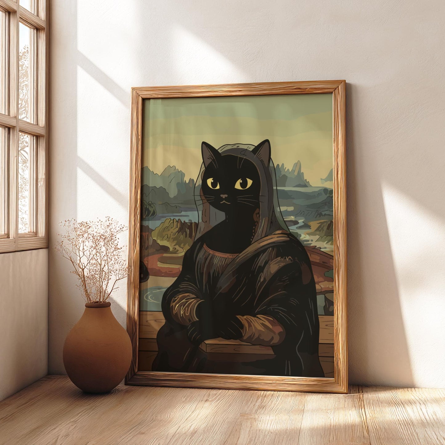 Black Cat Mona Lisa Poster, Funny Art Parody Print