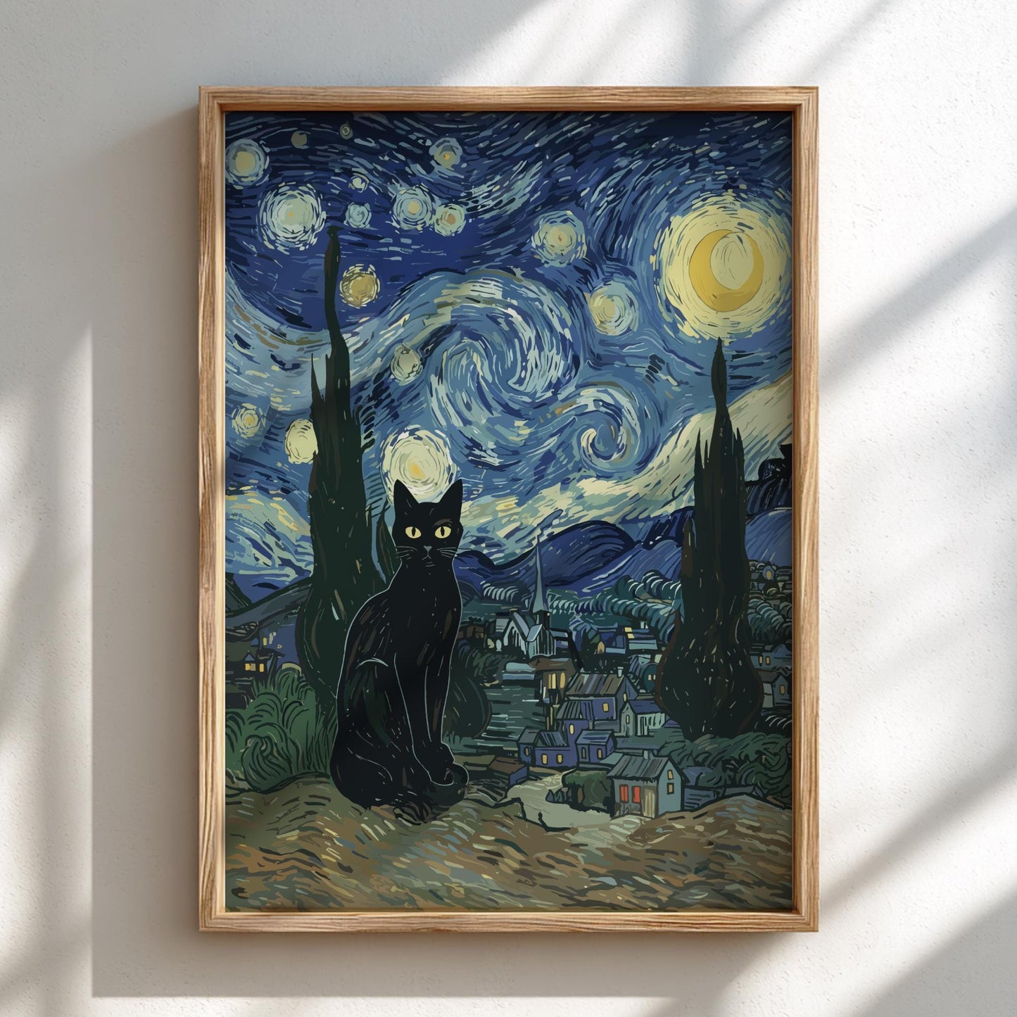 Black Cat Starry Night Poster, Van Gogh Art Parody Print