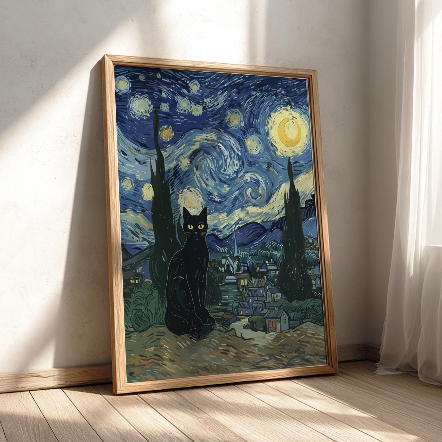 Black Cat Starry Night Poster, Van Gogh Art Parody Print