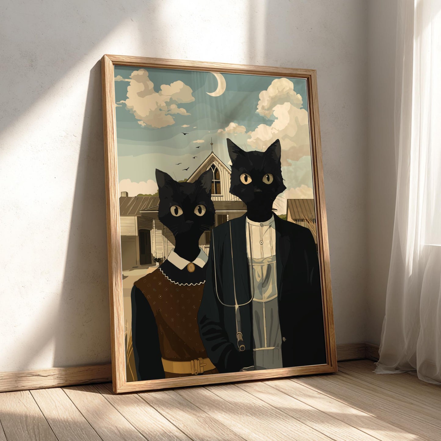 American Gothic Black Cats Poster, Funny Parody Art Print
