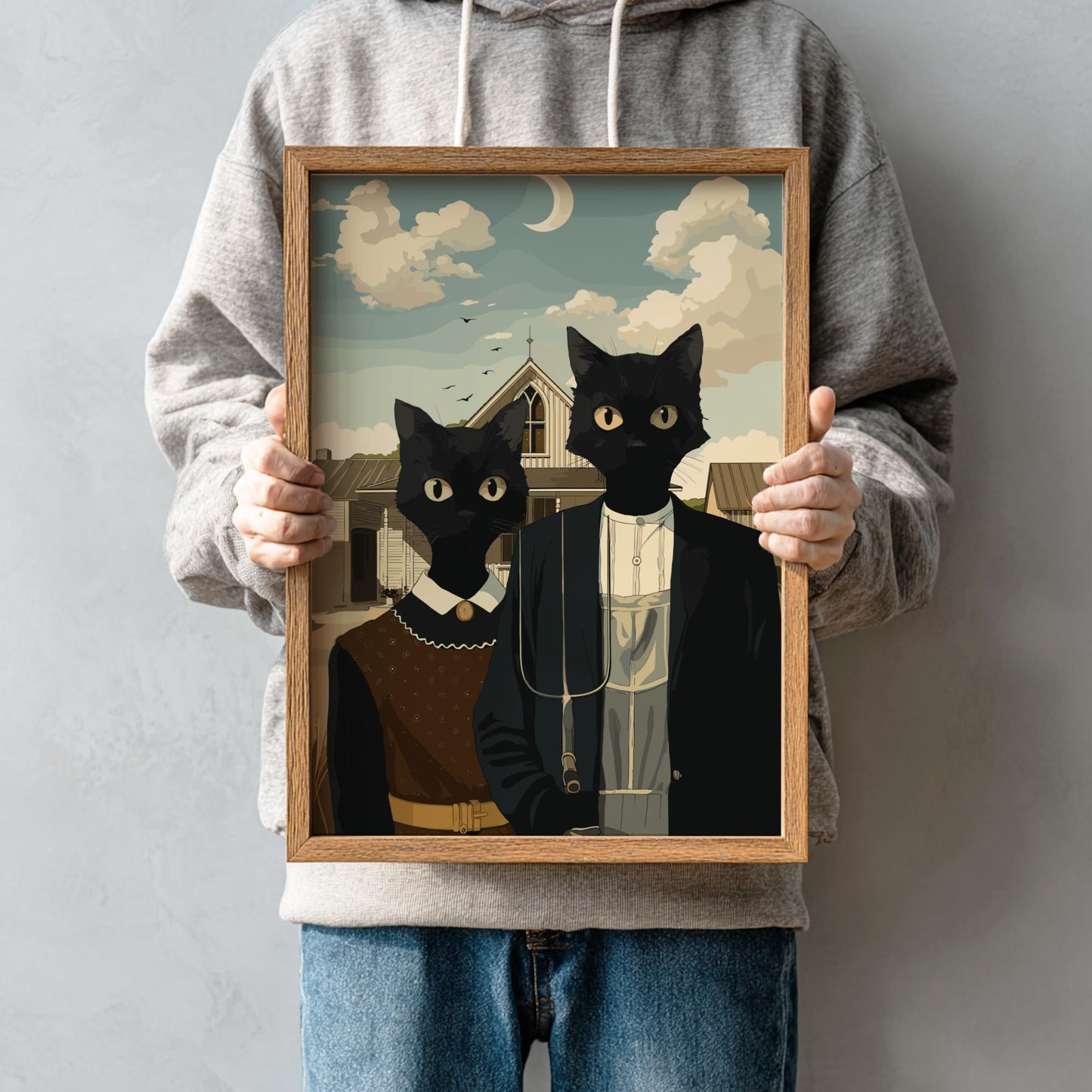 American Gothic Black Cats Poster, Funny Parody Art Print