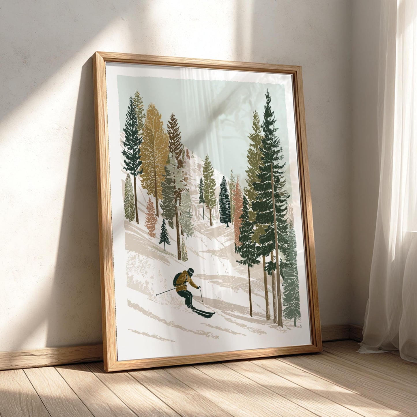 Ski Over Powder Peaks - Pastel Mountain Skiing Poster - Serene Nature Wall Decor Poster
