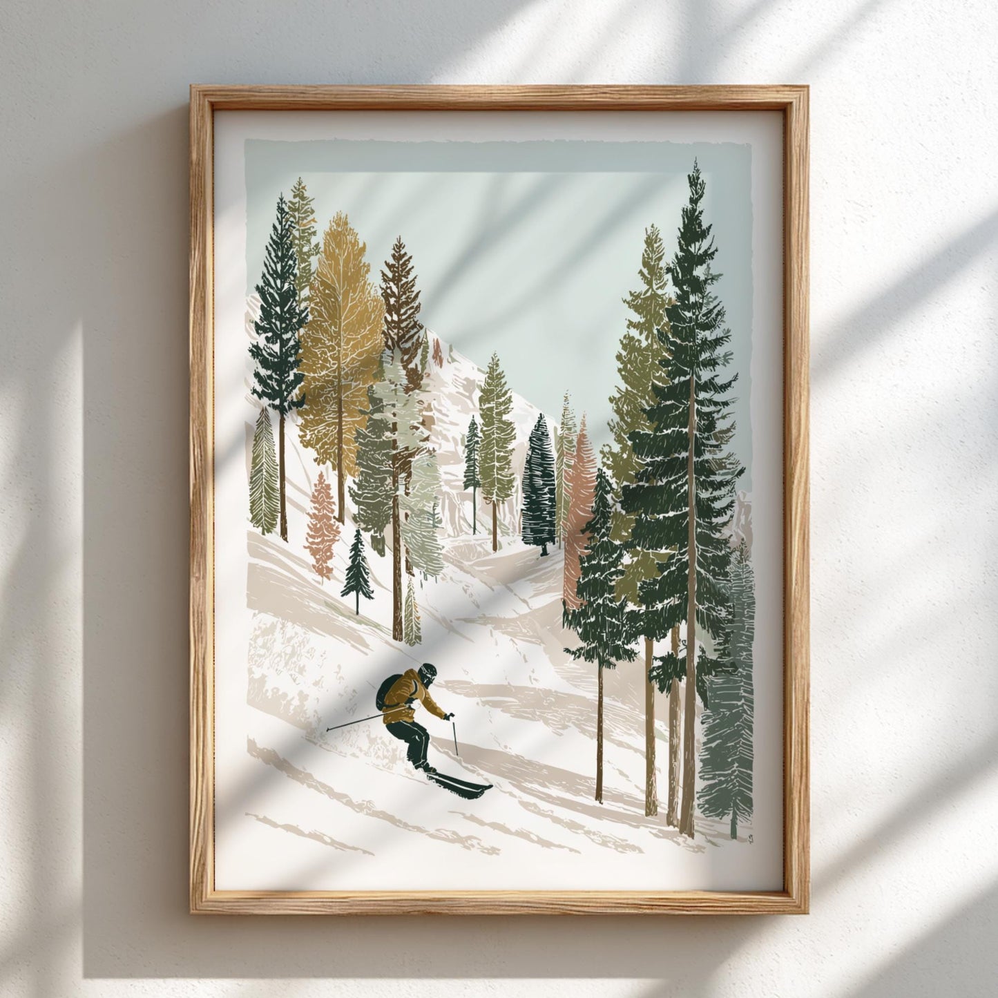 Ski Over Powder Peaks - Pastel Mountain Skiing Poster - Serene Nature Wall Decor Poster