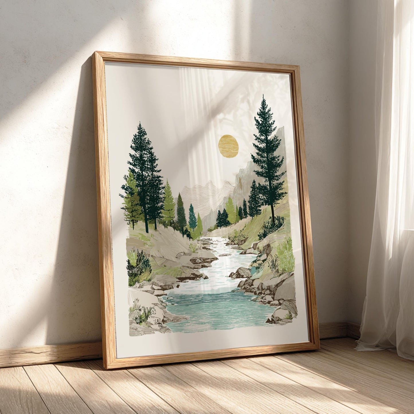 Pine Creek - Pastel Pine Forest Landscape Poster - Serene Nature Wall Decor Poster