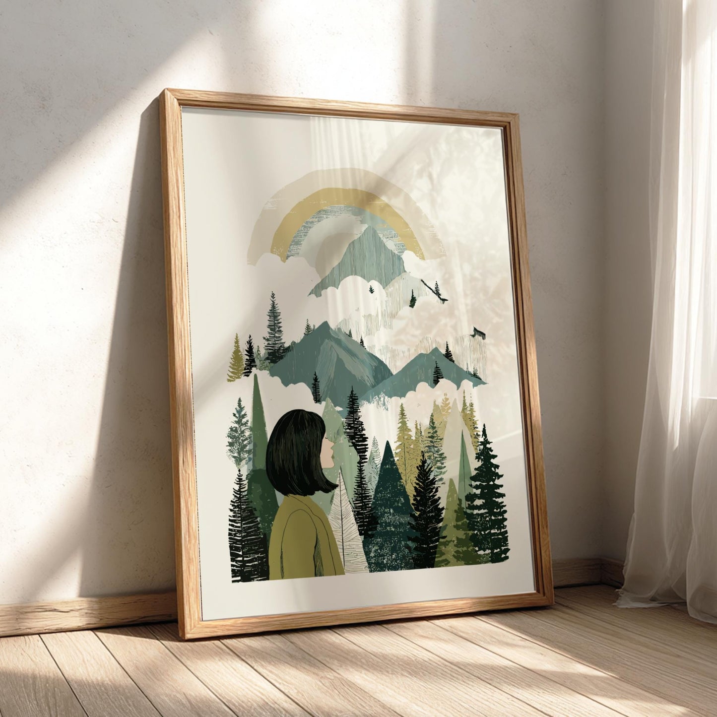 Misty Summit Whisper - Pastel Forest View Poster - Serene Nature Wall Decor Poster