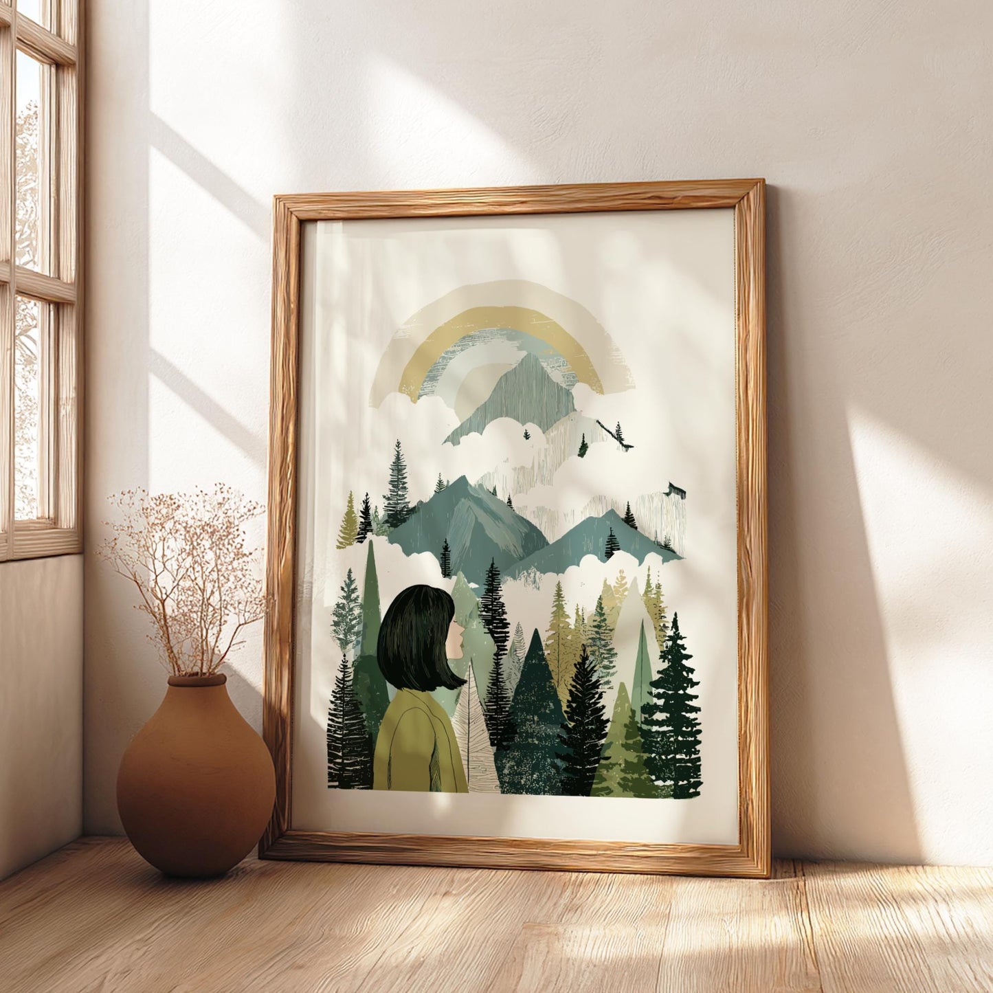 Misty Summit Whisper - Pastel Forest View Poster - Serene Nature Wall Decor Poster