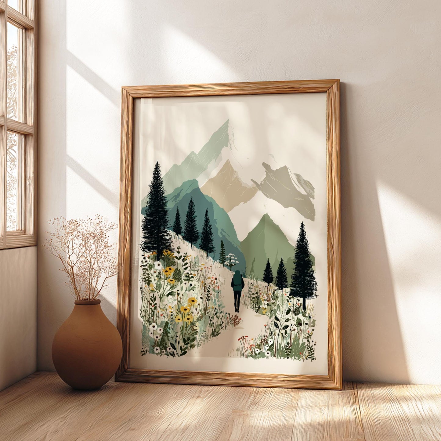 Hike Through Mists - Pastel Hiking Poster - Serene Nature Wall Decor Poster