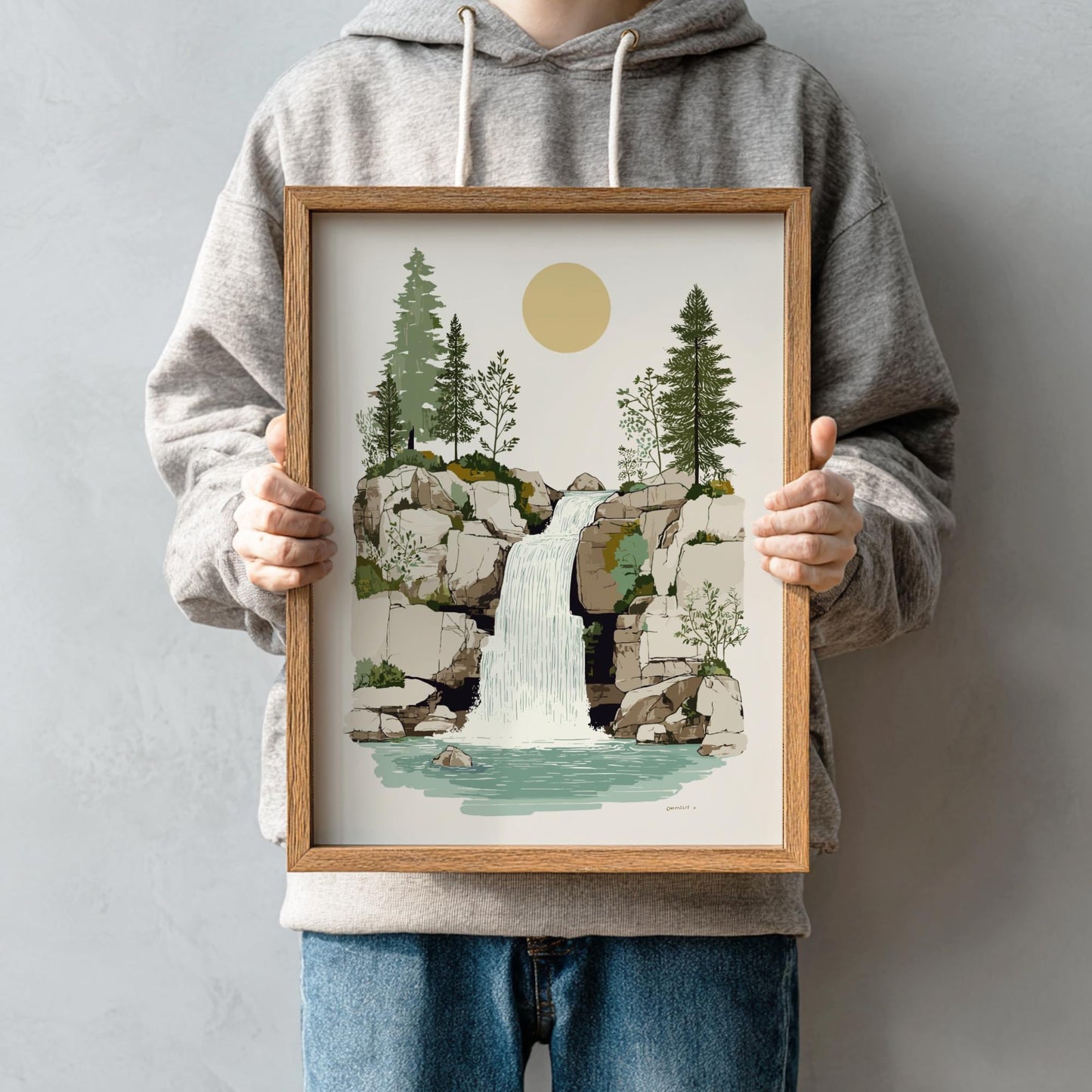 Golden Cascade - Pastel Waterfall Poster - Serene Nature Wall Decor Poster