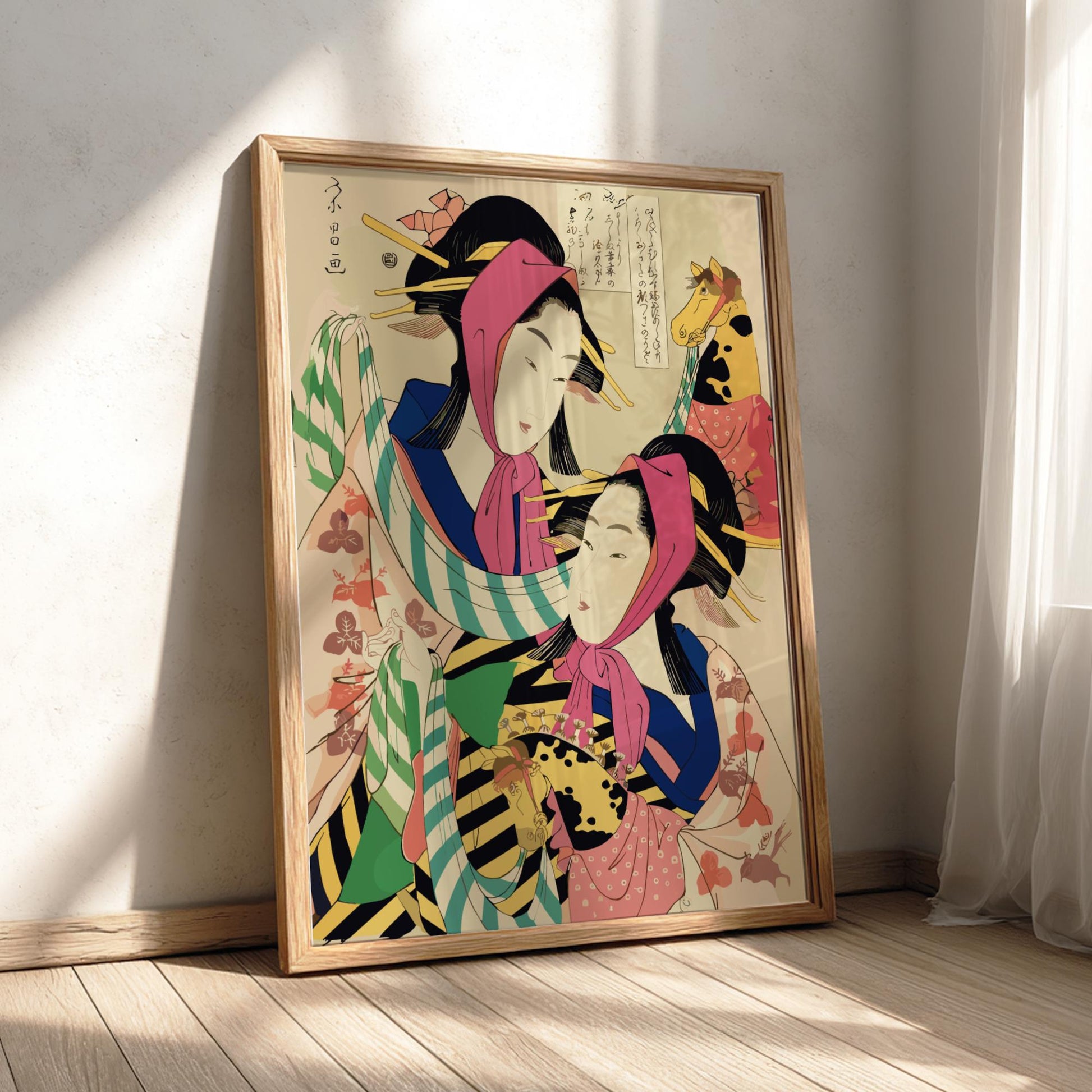 Two Geisha Performing Harukoma Dance Eisho Print, Edo Japanese Woodblock Ukiyo-e Art