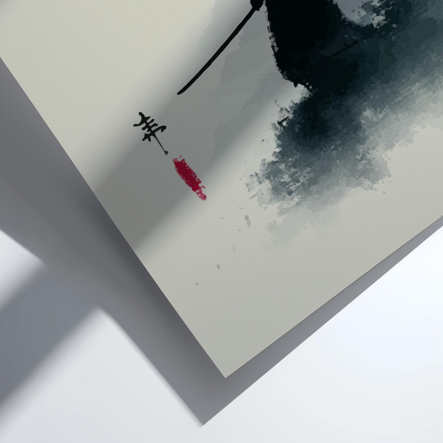 The Lone Blade in the Mists - Minimalist Japanese Ink Wash Landscape Print, Silhouette Figure Art, Zen Mountain Wall Decor