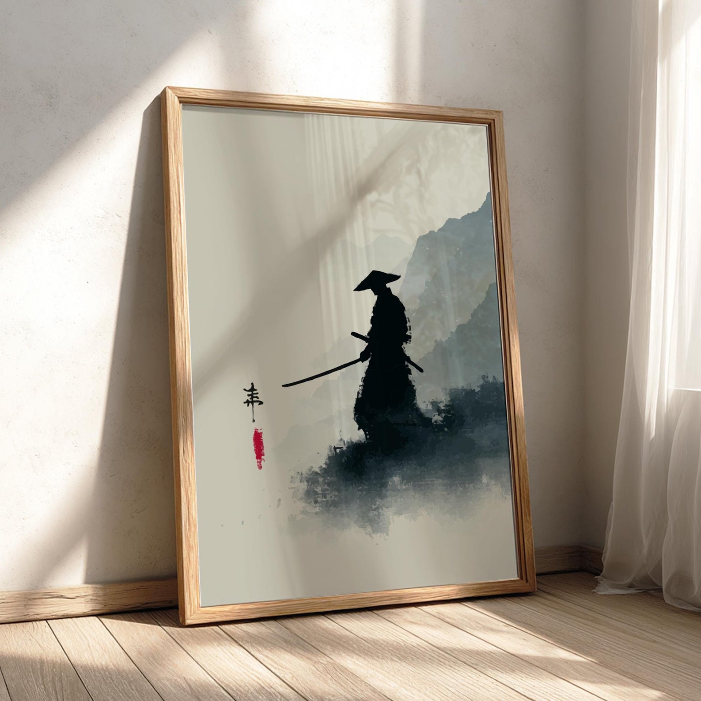 The Lone Blade in the Mists - Minimalist Japanese Ink Wash Landscape Print, Silhouette Figure Art, Zen Mountain Wall Decor