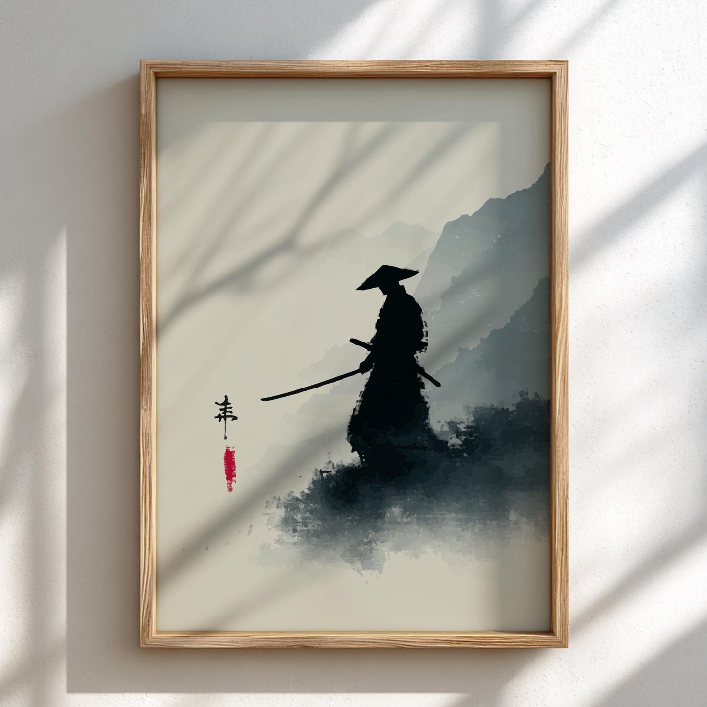 The Lone Blade in the Mists - Minimalist Japanese Ink Wash Landscape Print, Silhouette Figure Art, Zen Mountain Wall Decor