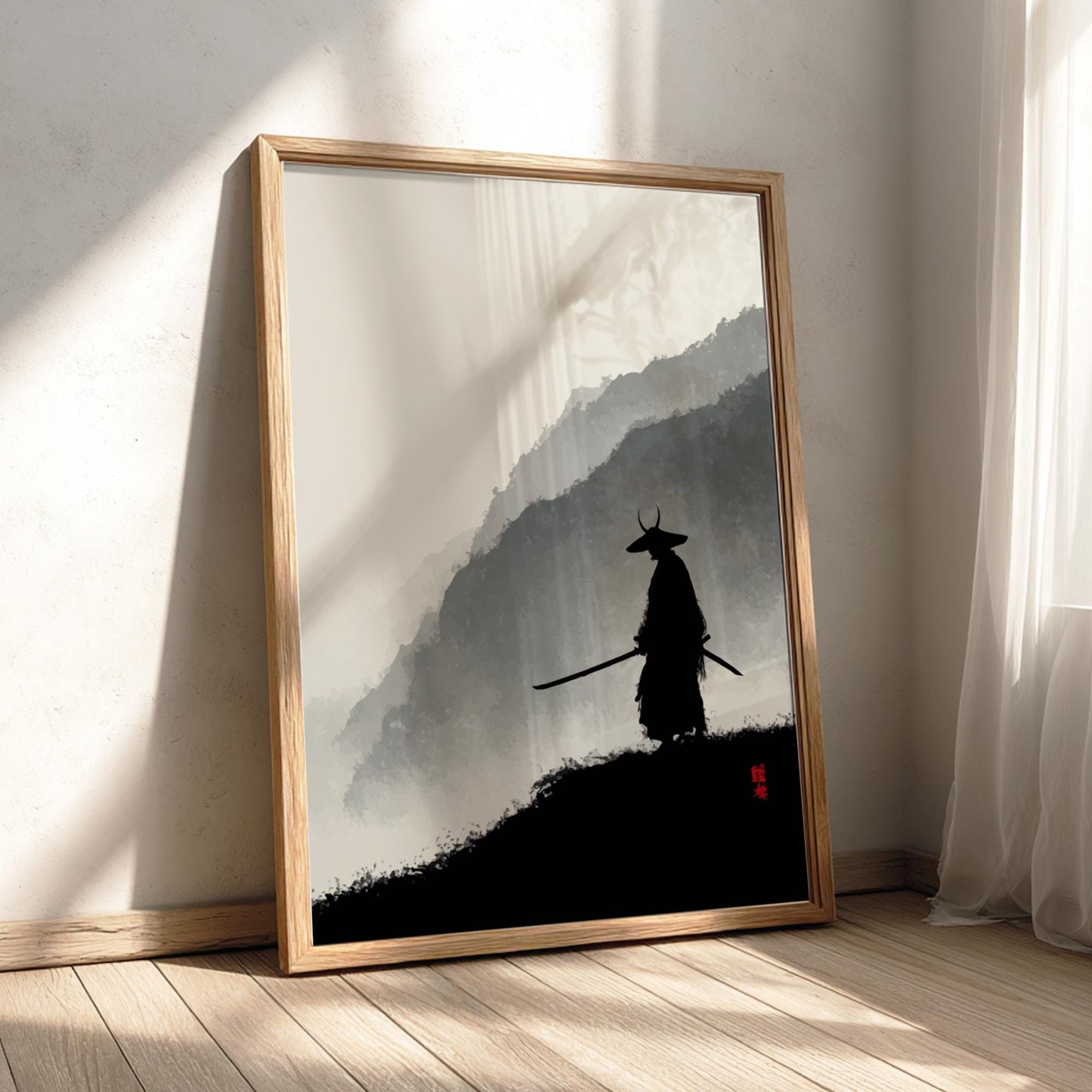 Ascent into the Summit Shadow - Samurai Silhouette Ink Wash Print, Misty Mountains Japanese Minimalist Art, Edo-Inspired Wall Decor