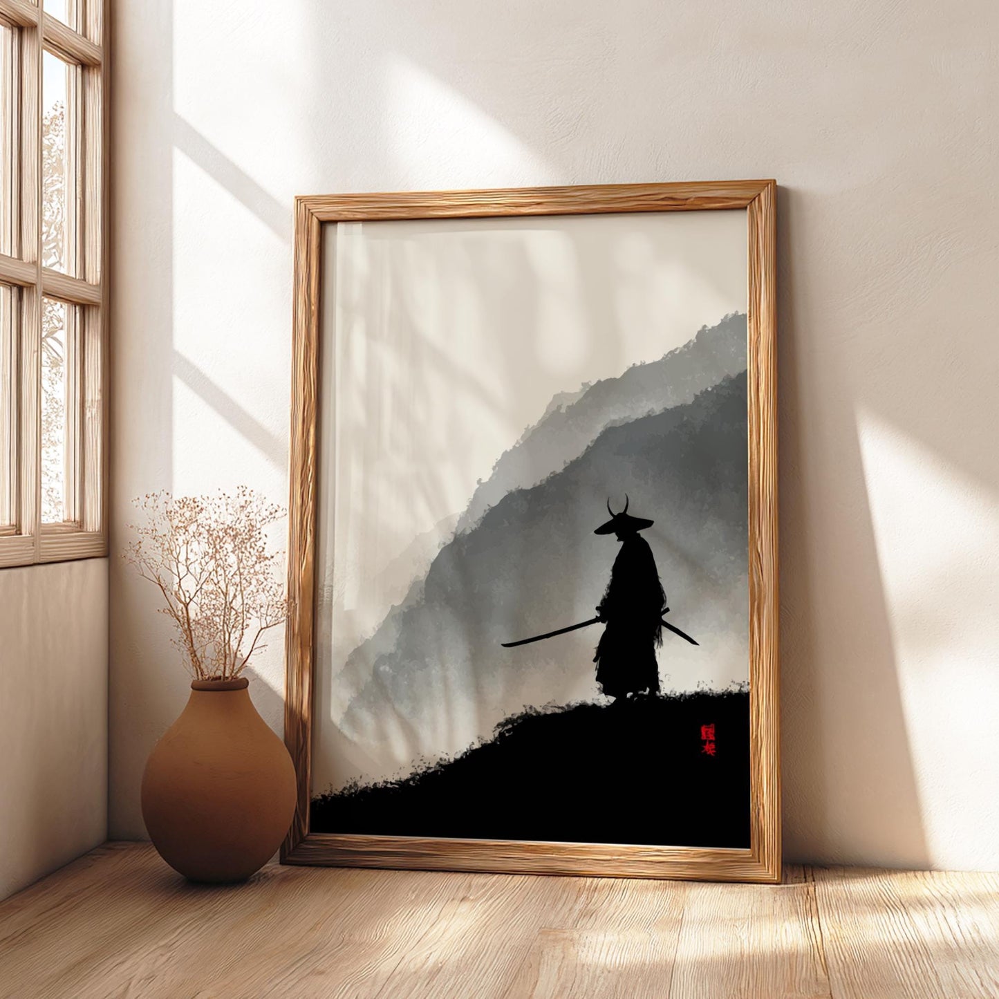 Ascent into the Summit Shadow - Samurai Silhouette Ink Wash Print, Misty Mountains Japanese Minimalist Art, Edo-Inspired Wall Decor
