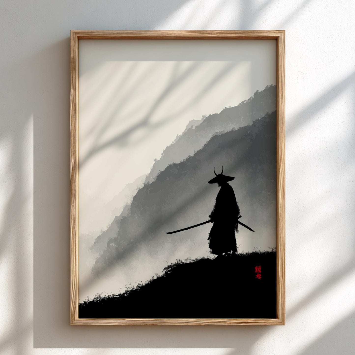 Ascent into the Summit Shadow - Samurai Silhouette Ink Wash Print, Misty Mountains Japanese Minimalist Art, Edo-Inspired Wall Decor