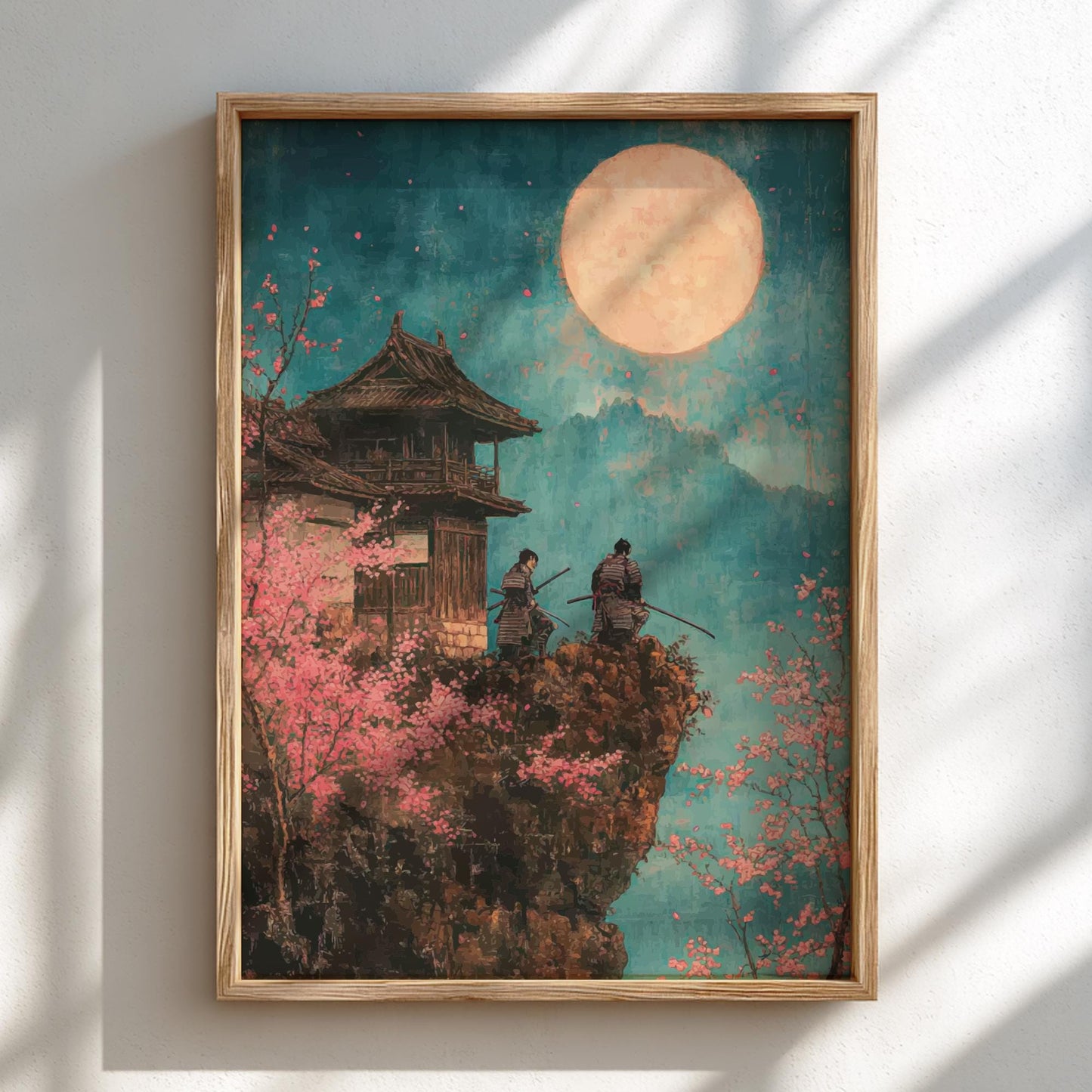 Moonlit Citadel of the Cherry Blossoms - Samurai at Cherry Blossom Castle Print, Vibrant Japanese Ukiyo-e Wall Art, Full Moon Landscape