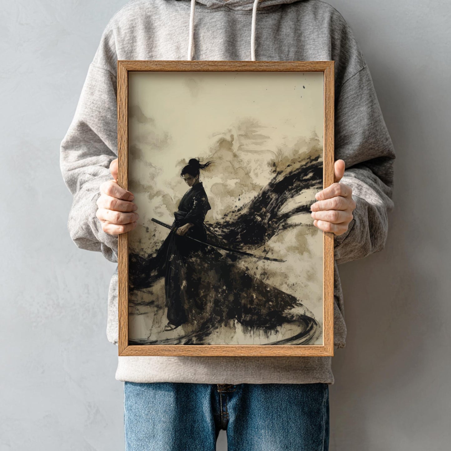 Samurai in the Black Rain - Stormy Samurai Sumi-e Print, Dark Japanese Ink Brush Art, Edo Warrior Minimalist Wall Decor