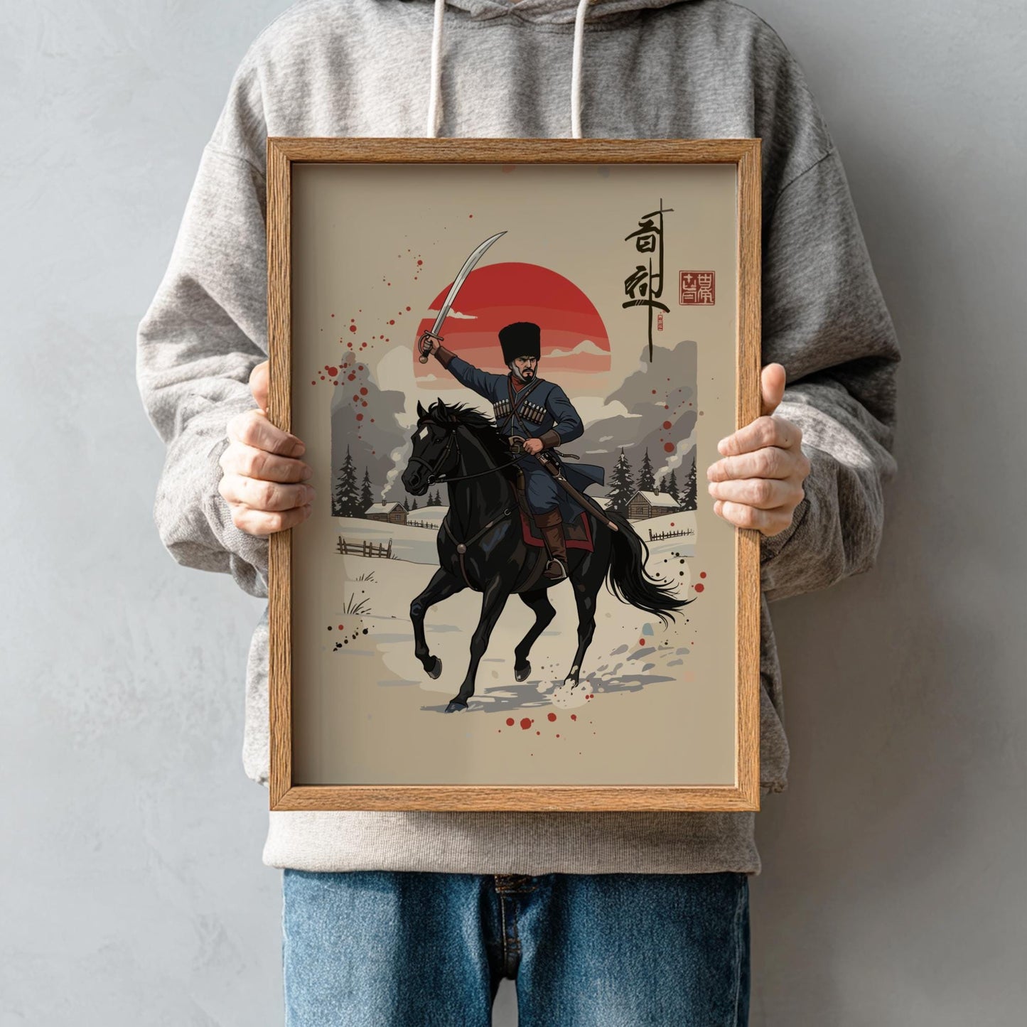 Cossack Warrior Japanese Ink Art Print, Mixed Media Rising Sun Poster, Sumi-e Style Wall Decor