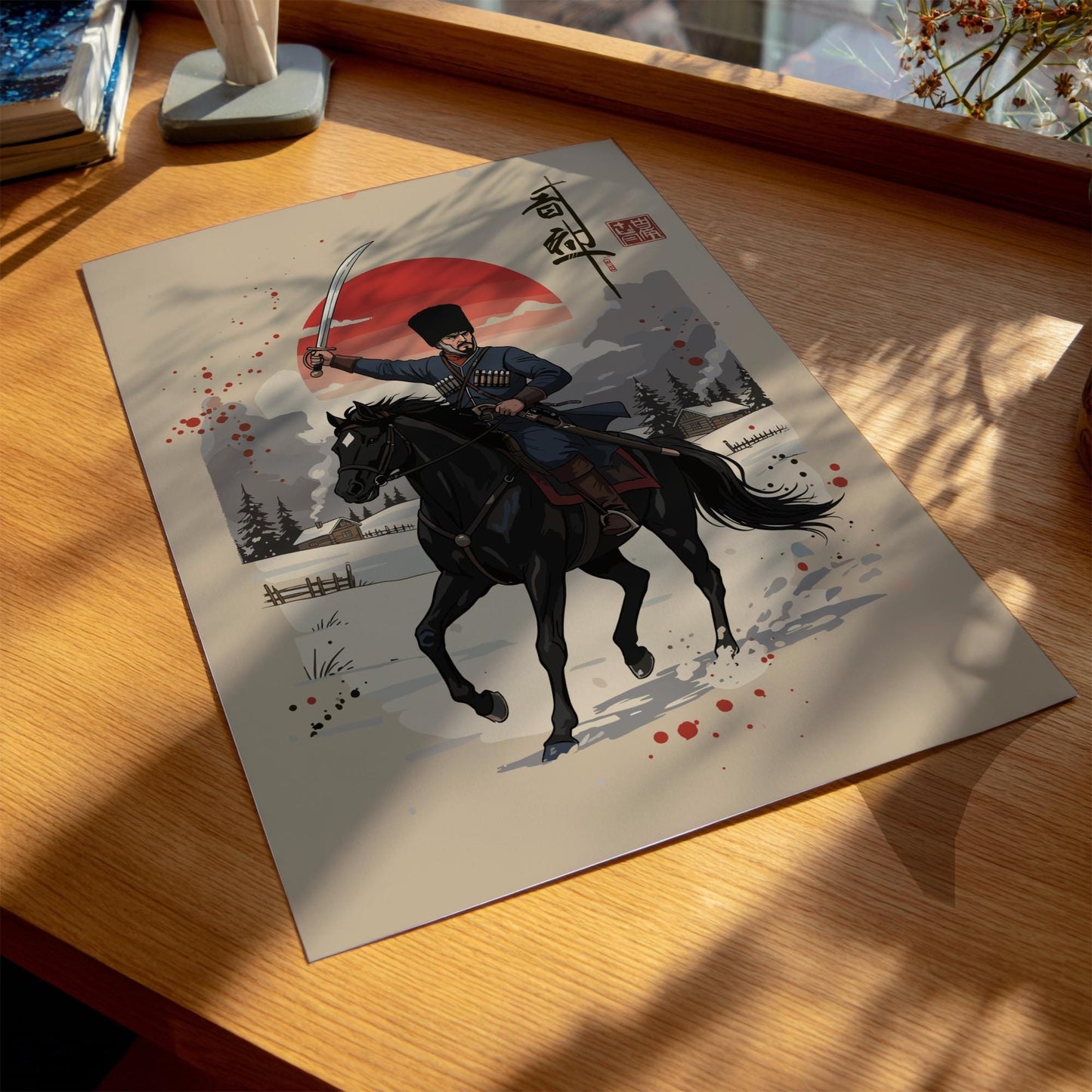 Cossack Warrior Japanese Ink Art Print, Mixed Media Rising Sun Poster, Sumi-e Style Wall Decor