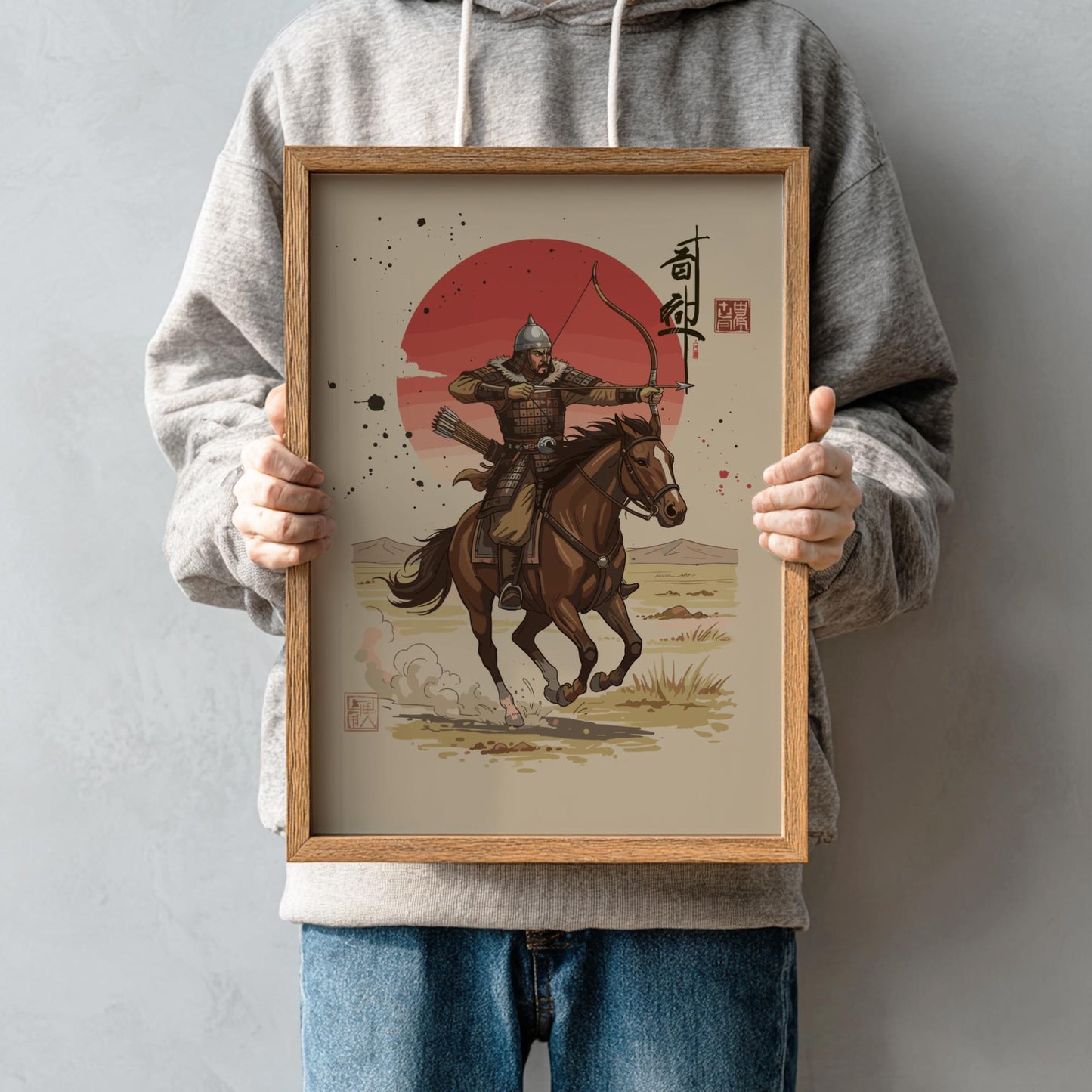 Mongol Archer Japanese Ink Art Print, Mixed Media Rising Sun Poster, Sumi-e Style Warrior Wall Decor