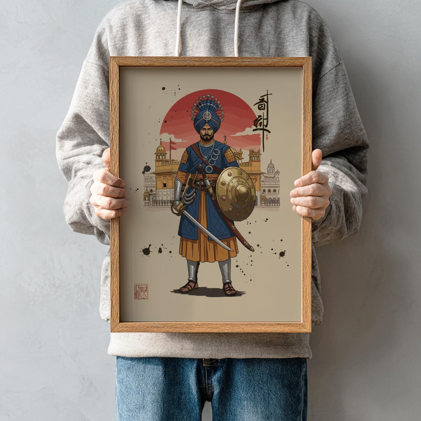 Sikh Khalsa Warrior Japanese Ink Art Print, Mixed Media Rising Sun Poster, Sumi-e Style Wall Decor