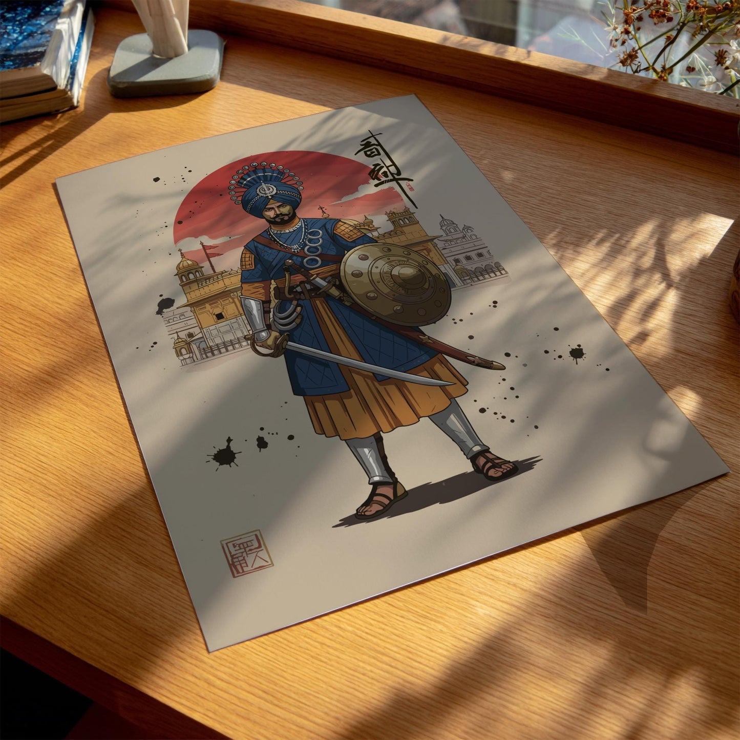 Sikh Khalsa Warrior Japanese Ink Art Print, Mixed Media Rising Sun Poster, Sumi-e Style Wall Decor
