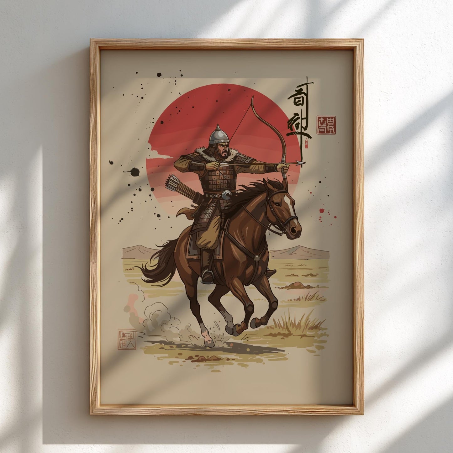Mongol Archer Japanese Ink Art Print, Mixed Media Rising Sun Poster, Sumi-e Style Warrior Wall Decor