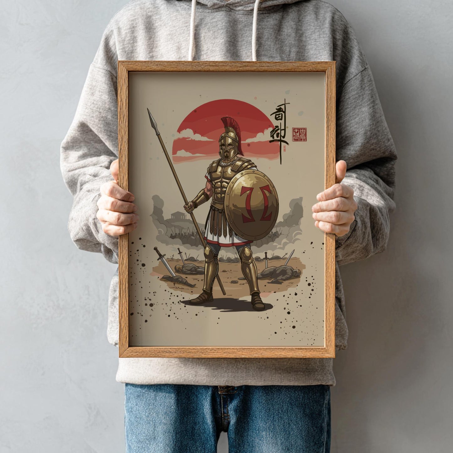 Hoplite Ancient Greek Warrior Japanese Ink Art Print, Sumi-e Rising Sun Poster, Mixed Media Decor