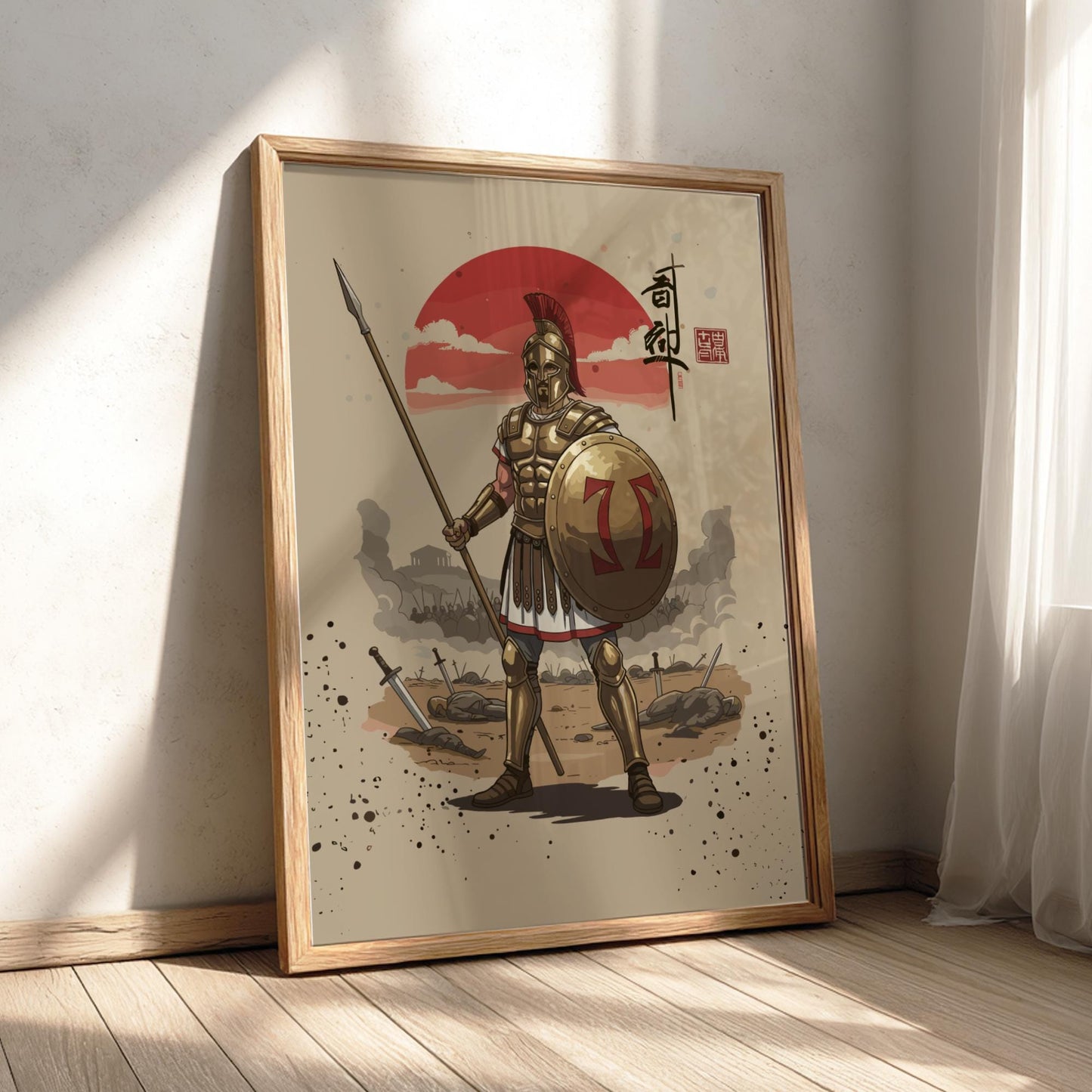 Hoplite Ancient Greek Warrior Japanese Ink Art Print, Sumi-e Rising Sun Poster, Mixed Media Decor