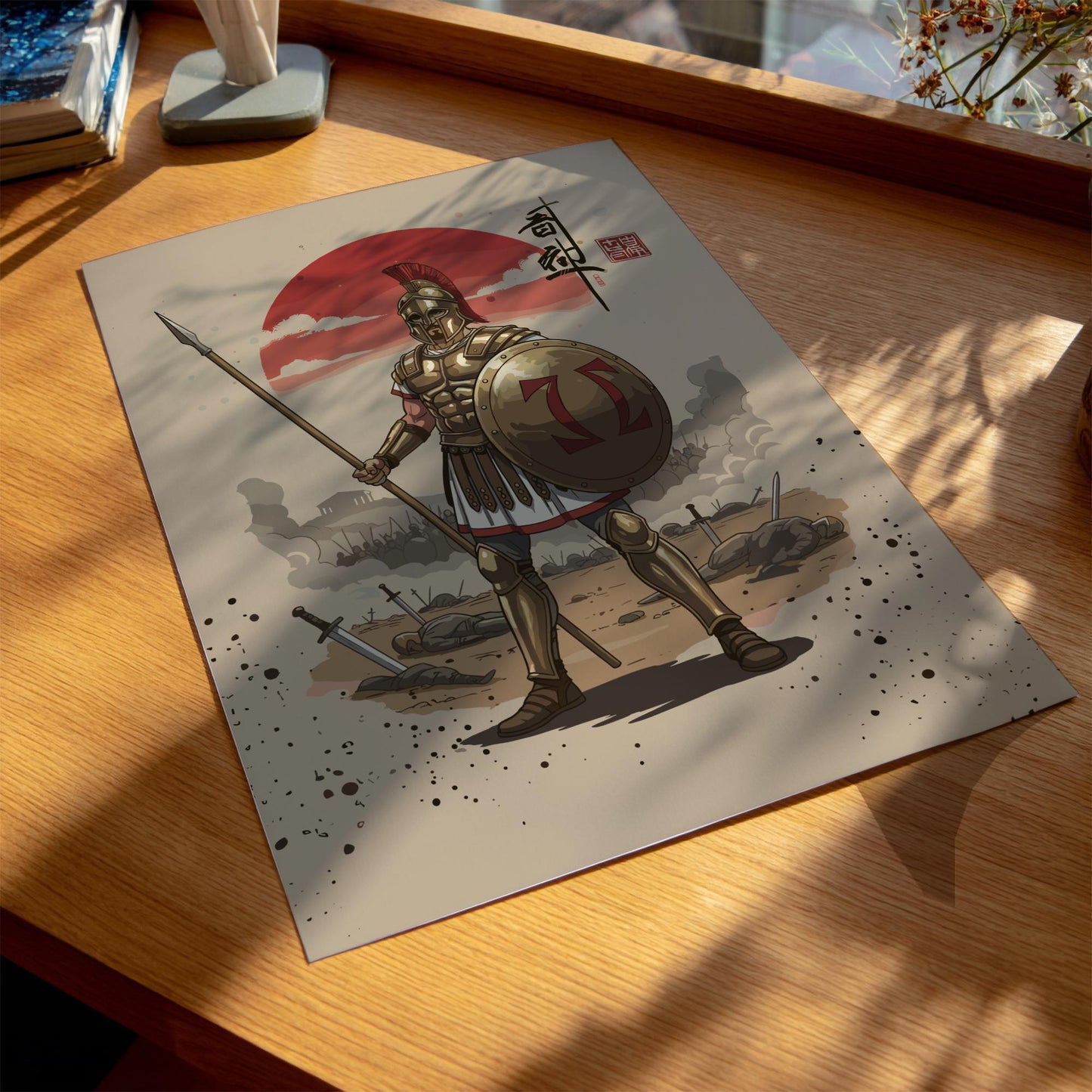 Hoplite Ancient Greek Warrior Japanese Ink Art Print, Sumi-e Rising Sun Poster, Mixed Media Decor