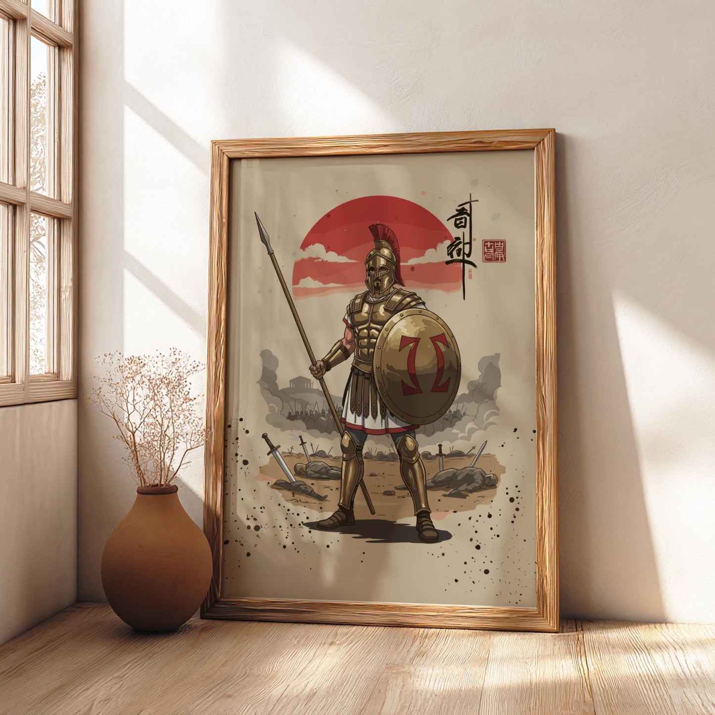 Hoplite Ancient Greek Warrior Japanese Ink Art Print, Sumi-e Rising Sun Poster, Mixed Media Decor