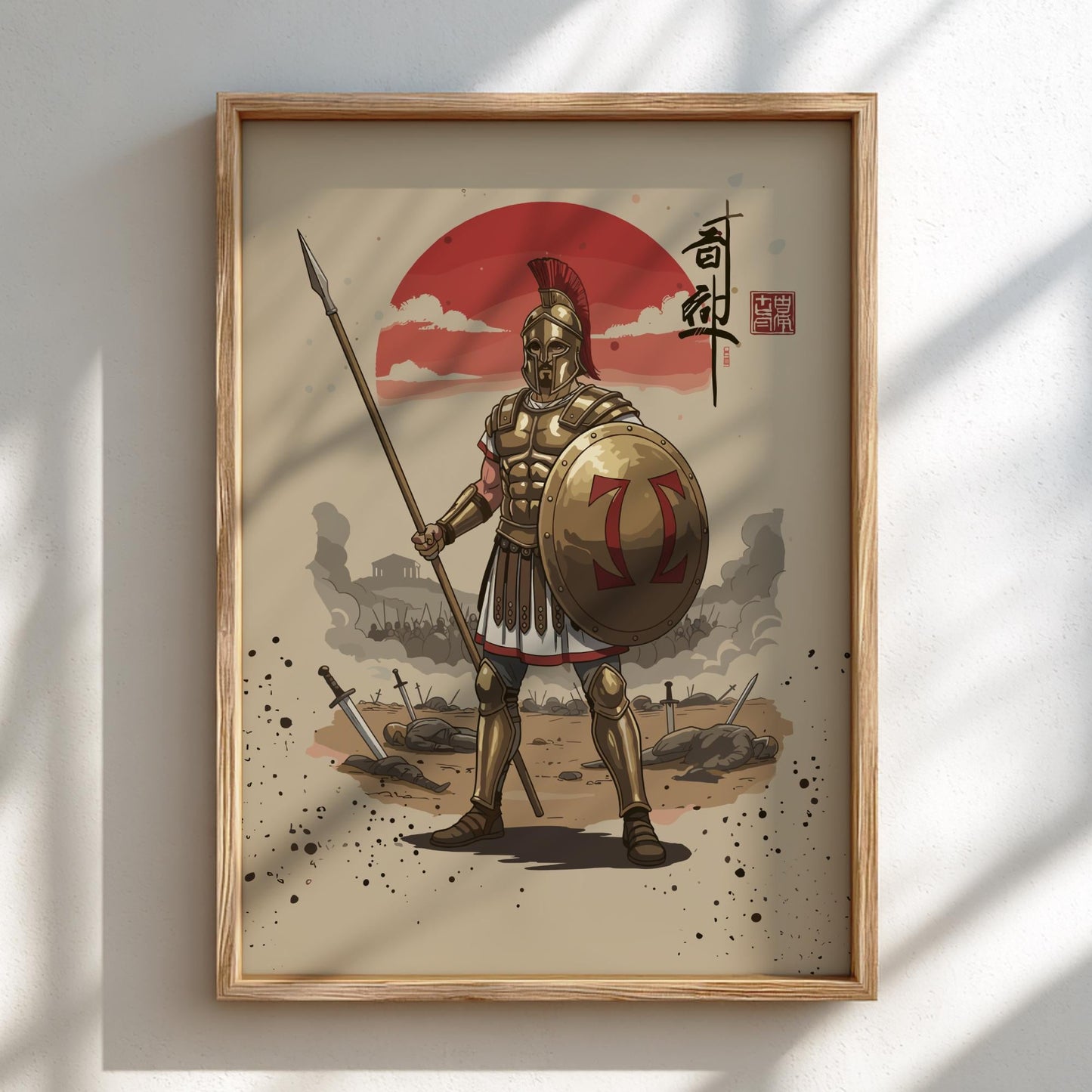 Hoplite Ancient Greek Warrior Japanese Ink Art Print, Sumi-e Rising Sun Poster, Mixed Media Decor