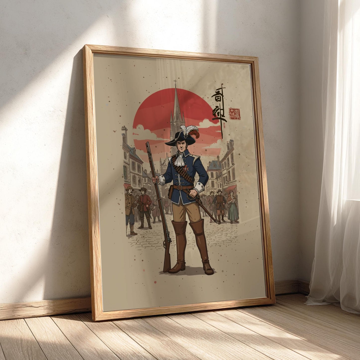 French Musketeer Japanese Ink Art Print, Sumi-e Rising Sun Poster, Mixed Media Warrior Decor