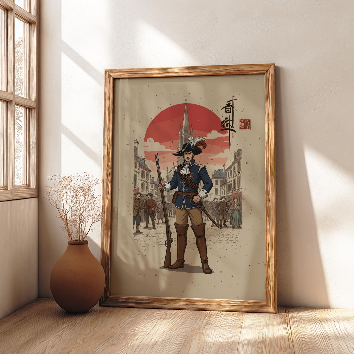 French Musketeer Japanese Ink Art Print, Sumi-e Rising Sun Poster, Mixed Media Warrior Decor