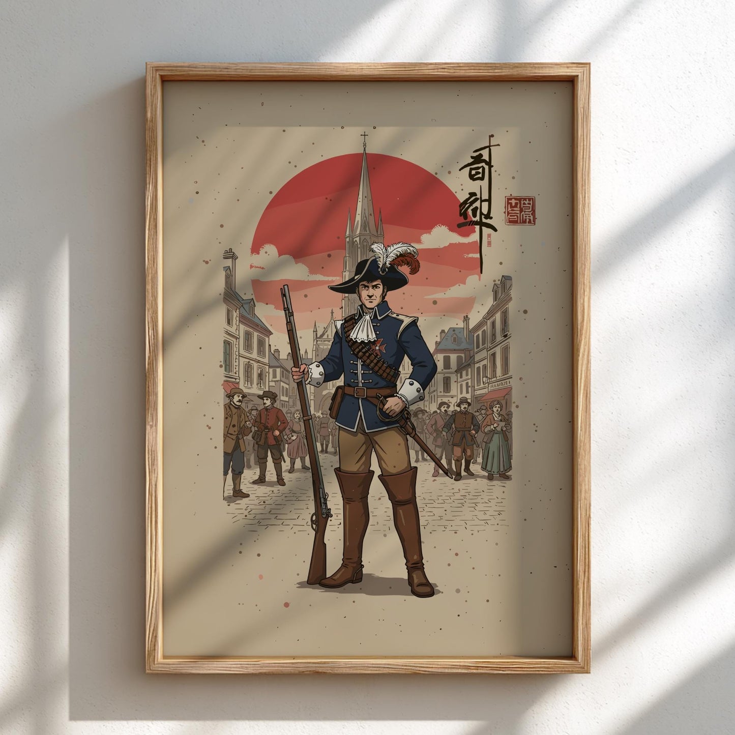 French Musketeer Japanese Ink Art Print, Sumi-e Rising Sun Poster, Mixed Media Warrior Decor
