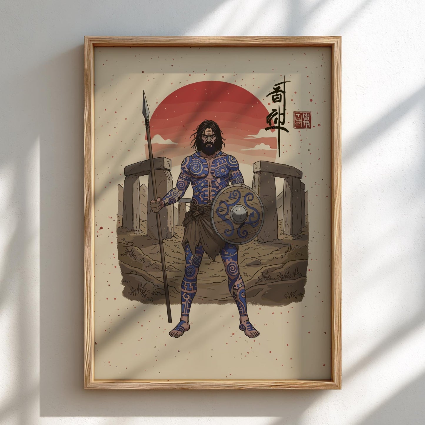 Pictish Warrior Japanese Ink Art Print, Sumi-e Rising Sun Poster, Mixed Media Wall Decor