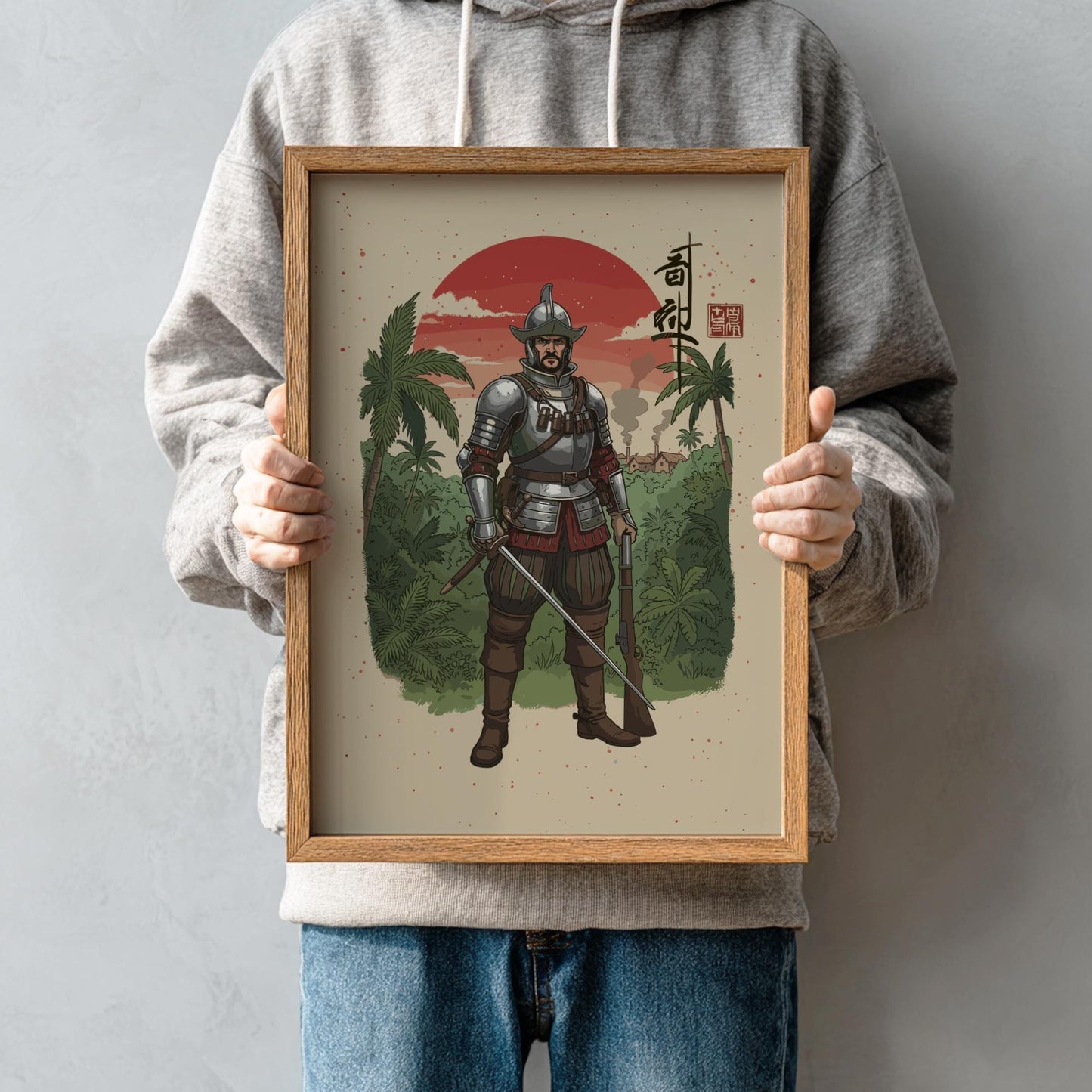 Conquistador Warrior Japanese Ink Art Print, Sumi-e Rising Sun Poster, Mixed Media Wall Decor